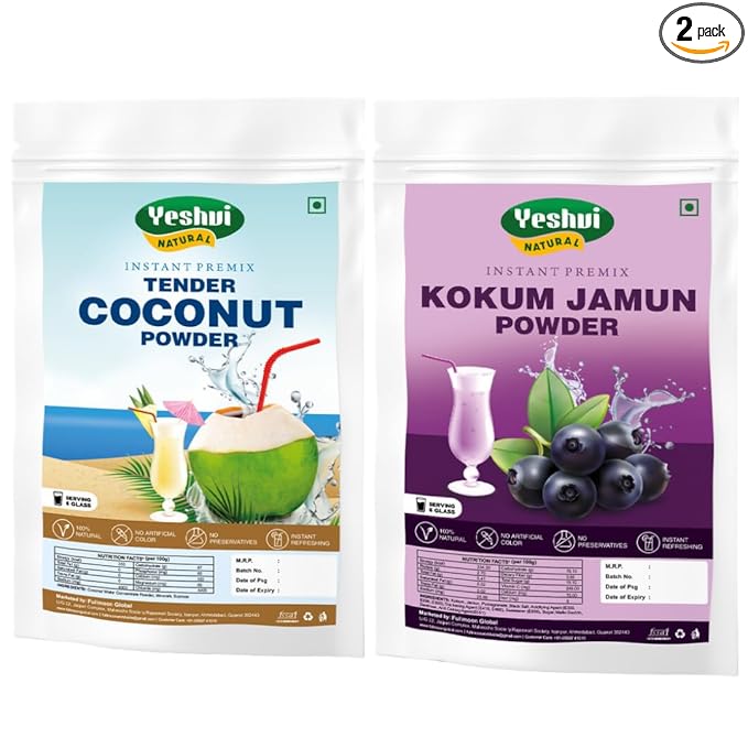 Yeshvi NATURAL Tender Coconut Water Powder &amp Kokum Jamun Fruit Juice Powder Combo Pack Instant Mix Drink Easy to Make Beverage 200gm
