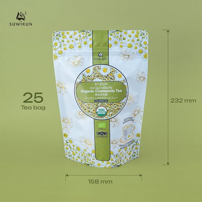 Suwirun Organic Chamomile Tea 25 Bags – 100% Chamomile Flowers – Naturally Caffeine-Free Supports Relaxation &amp Sleep – Smooth &amp Soothing Herbal Tea