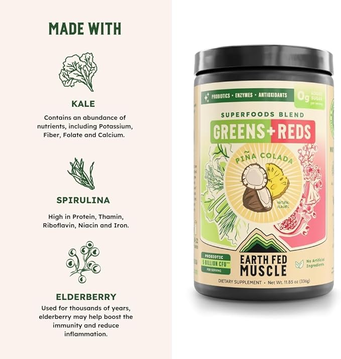 Earth Fed Muscle Superfoods Blend Reds &amp Greens Powder Piña Colada Flavor Juice &amp Smoothie Mix with Organic Kale Spirulina Wheat Grass - Detox &amp Cleanse No Added Sugar - Non-GMO - 30