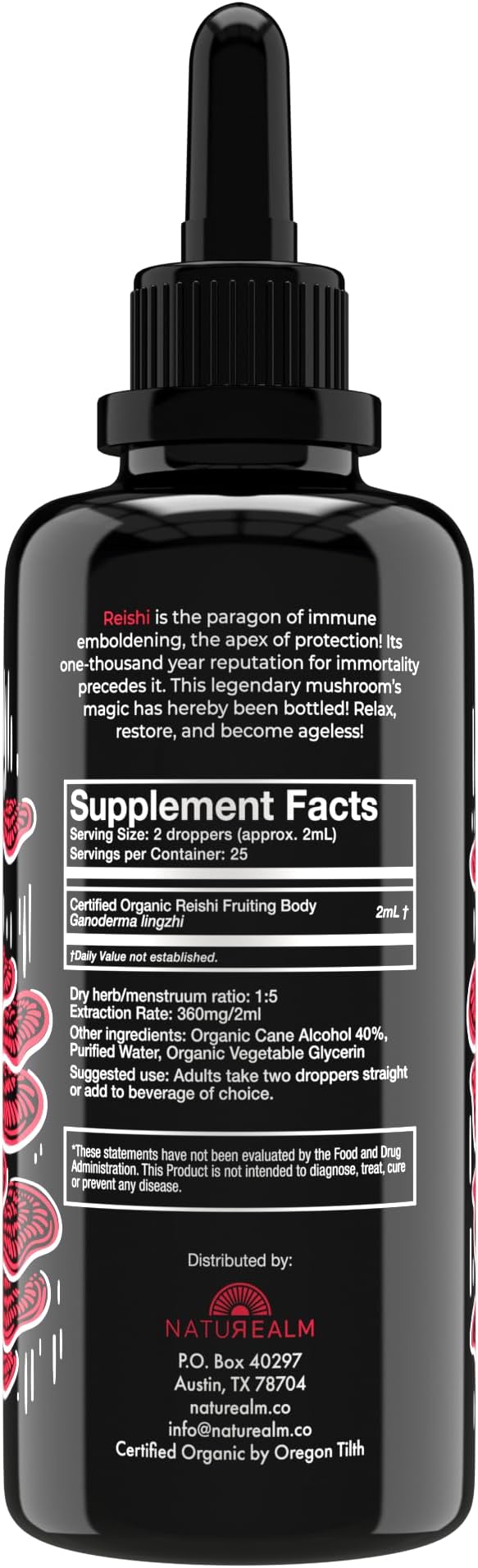 Naturealm Reishi Mushroom Liquid Tincture Supplement – Promotes Calmness Immune Support &amp Sleep Aid Vegan Non-GMO – Organic Fruiting Bodies 1 Month Supply