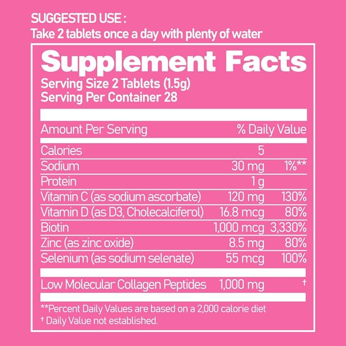 Ever Collagen in&ampUP Biotin Cell Low Molecular Marine Fish Collagen Peptides Tablets with Vitamin Selenium Supplements - Healthy Skin Hair Nail for Women - Antioxidant Supplement