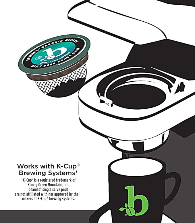 beaniac Organic Daily Dose Donut Shop Light Roast Single Serve Compostable K Cup Coffee Pods Organic Arabica Coffee Keurig Brewer Compatible 30 Count