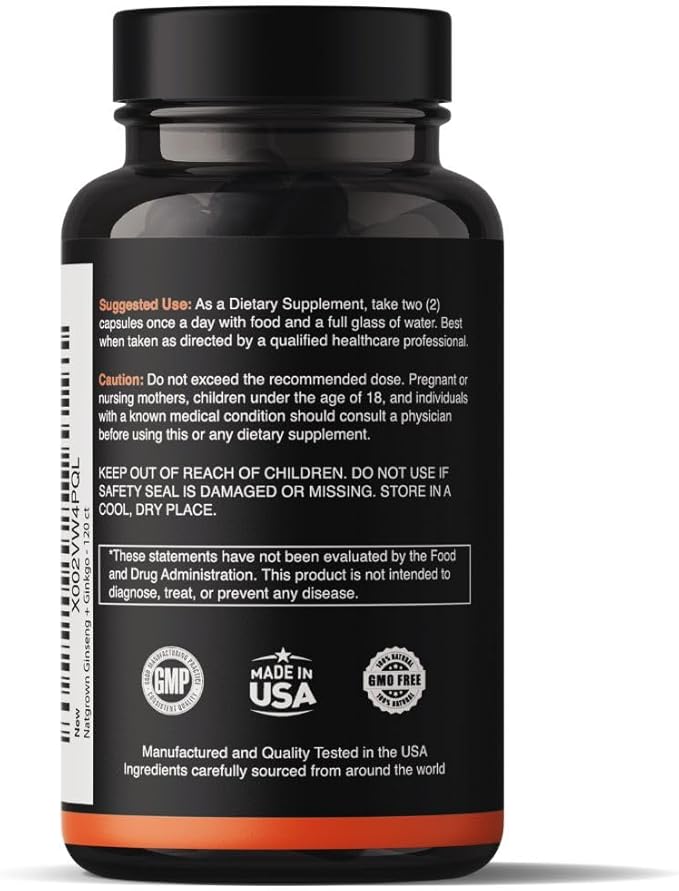 Natgrown Panax Ginseng &amp Ginkgo Biloba Supplement - Red Korean Ginseng &amp Ginko Biloba Capsules for Men &amp Women - Supports Memory Focus &amp Brain Function - Vegan Pills - 120 Count