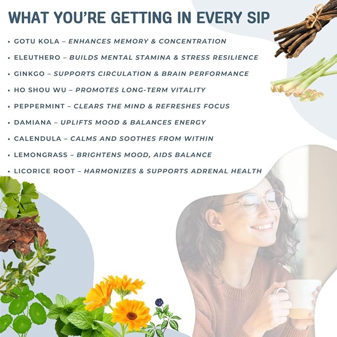 Memory &amp Focus Tea Blend: Gotu Kola Eleuthero Root Ginkgo Ho Shou Wu Peppermint Damiana Calendula Lemongrass Licorice Loose Leaf 3oz for Clarity &amp Focus Support