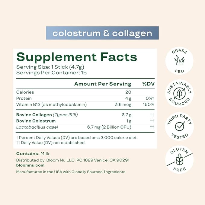 Bloom Nutrition Bovine Colostrum Powder Packet Gut Health Immune Support Hair Growth &amp Beauty Supplement Gluten Free Sugar Free | Unflavored 15 Servings