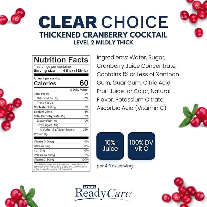 Lyons ReadyCare Thickened Cranberry Cocktail for Dysphagia &amp Swallowing Difficulty - Nectar Consistency Level 2 Mildly Thick - 4 fl oz (48 Pack)