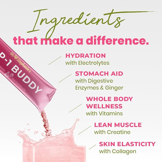Dr. Stephanie's GLP-1 Buddy Pair with GLP-1 Boosters for Best Results - Digestive Support Preserve Lean Muscle Replenish Vitamins - Strawberry Watermelon Drink Mix