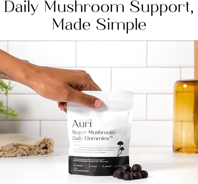 Auri Nutrition Super Mushroom Daily Gummies – All-in-One Functional Gummy with 12 Mushroom Blend Including Lion’s Mane Reishi Chaga &amp Cordyceps – 60 Gummies