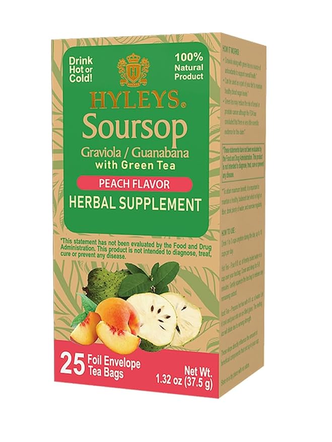 12 Pack of Hyleys Wellness Natural Soursop With Green Tea Peach Flavor - 25 Tea Bags (100% Natural Sugar Free Gluten Free &amp Non-Gmo)
