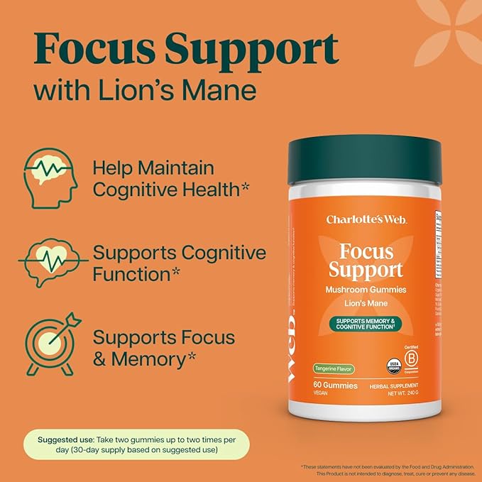 Charlotte's Web Focus Support Mushroom Gummies for Focus and Energy w/Lion’s Mane Natural Cognitive Support Lions Mane Gummies for Adults — Tangerine Flavor (30 Servings)