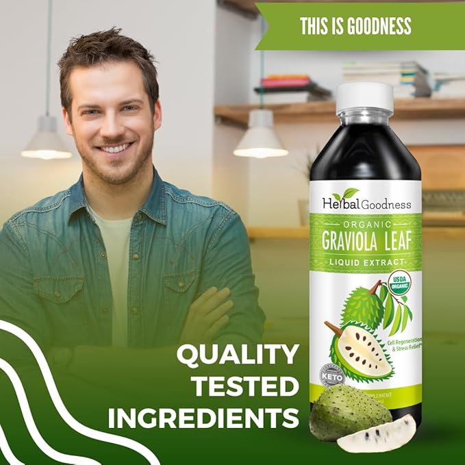 Herbal Goodness Soursop Graviola Liquid Drops 12 Fl Oz - 15X Strength Organic Guanábana Soursop Leaves Extract for Gut Health Cell &amp Immune Support Serene Soursop Drops - Vegan Non-GMO Made in