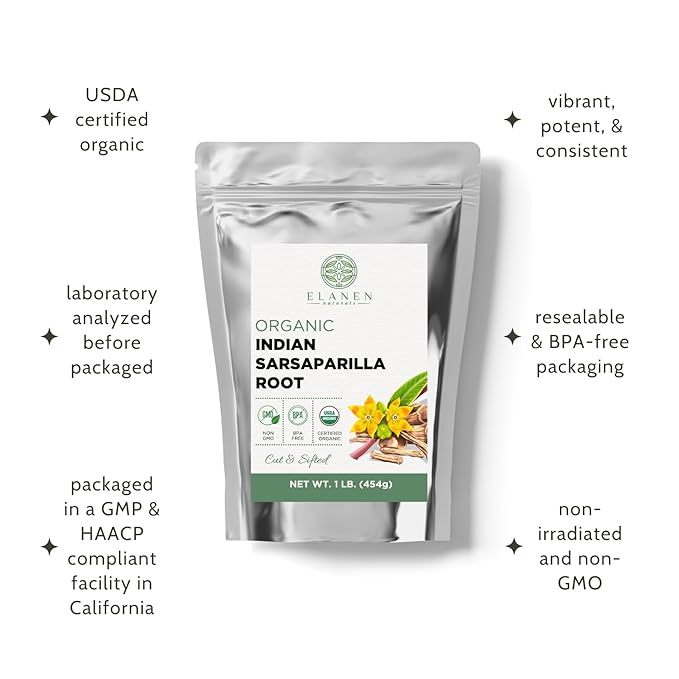 Elanen Naturals Organic Sarsaparilla Root 1 lb. (16 oz) USDA Certified Organic Indian Sarsaparilla Tea Hemidesmus Indicus Sasparilla Sarsparilla Zarzaparrilla Cut &amp Sifted