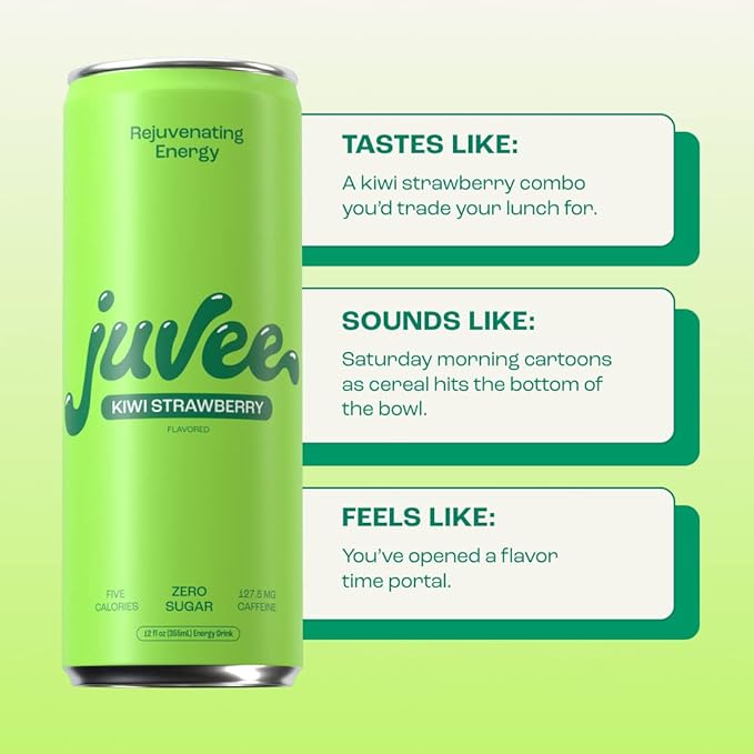 Kiwi Strawberry &amp Watermelon Lime Juvee Rejuvenating Energy Drink – 12 oz Cans Pack of 24 – Sugar Free 128mg Natural Caffeine per Can Low Calorie Clean Energy &amp Focus Support Zero Sugar