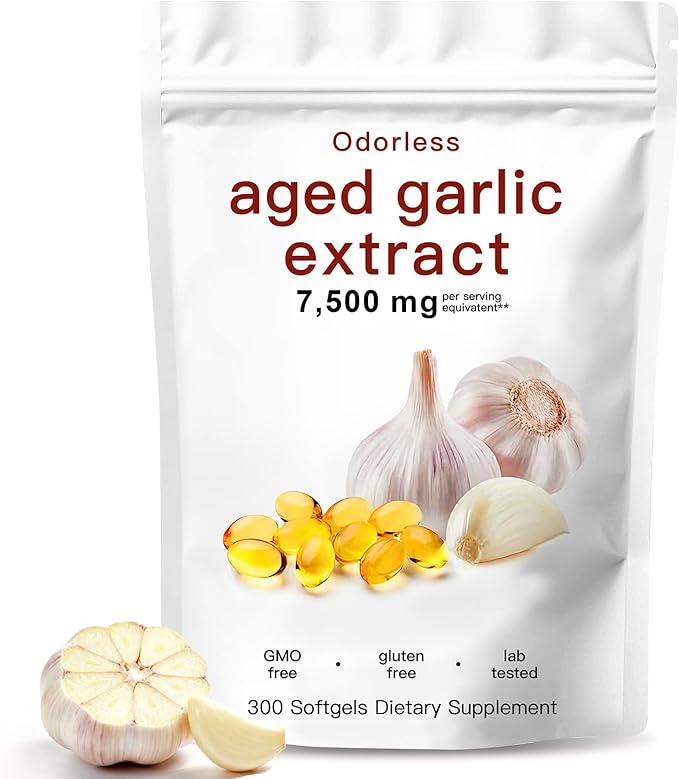 Aged Garlic Extract-300 Count 7500mg Odorless Organic Garlic Capsules Supplement for Heart &amp Immune Support – Vegetarian Non-GMO All-Natural Softgels 2-Year Matured for Antioxidant Wellness