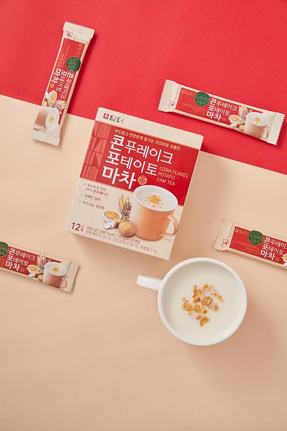 Damtuh Yam (Ma) Tea Powder Drink Mix with Corn Flakes &amp Potato Flakes – Korean Cereal-Style Instant Hot Drink Creamy &amp Smooth 22g x 40 Stick Packs