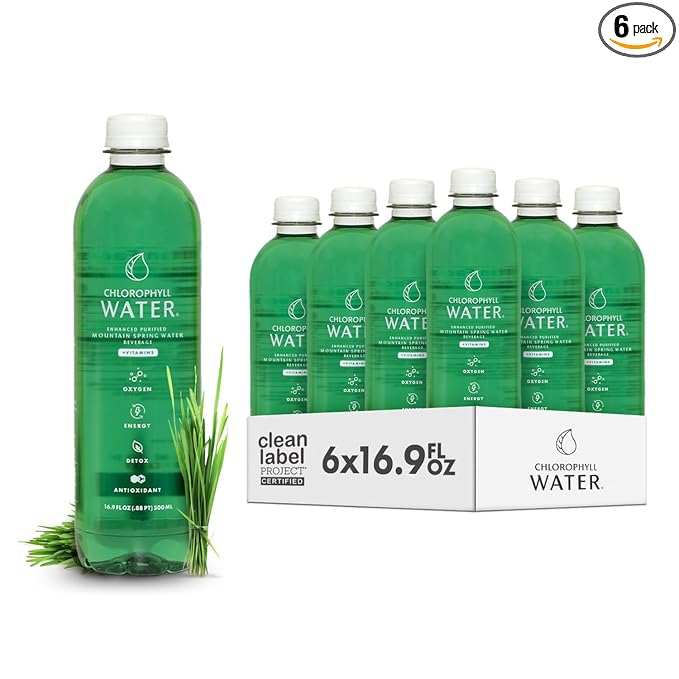 Chlorophyll Water (6-pack) Certified Clean Label Chlorophyll Liquid Drops in Purified Water Beauty Drink for Glowing Skin Anti-Aging &amp Natural Detox with Plant-Based Vitamins A B12 C D3 (16.