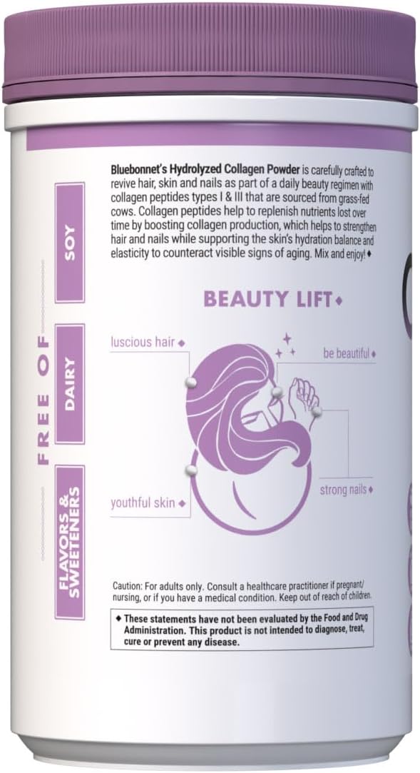 BlueBonnet Nutrition Hydrolyzed Collagen Powder Supports Hair Skin and Nails* Soy-Free Gluten-Free Non-GMO Grass-fed Cows Pasture Raised 10.58 oz 25 Servings Unflavored Unsweetened