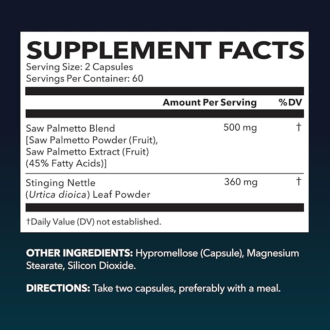 Saw Palmetto with Stinging Nettle Capsules - 2X Prostate Support Supplement for Men’s Health - 120 Count - DHT Blocker for Urinary Tract Function and Hair - Vegan Non-GMO - 2 Month Supply