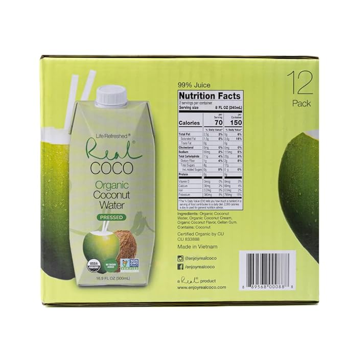 Real Coco Organic Pressed Coconut Water (12-Pack 500mL) USDA Organic No Sugar Added Essential Electrolytes Plant Based NON GMO Dairy &amp Soy Free
