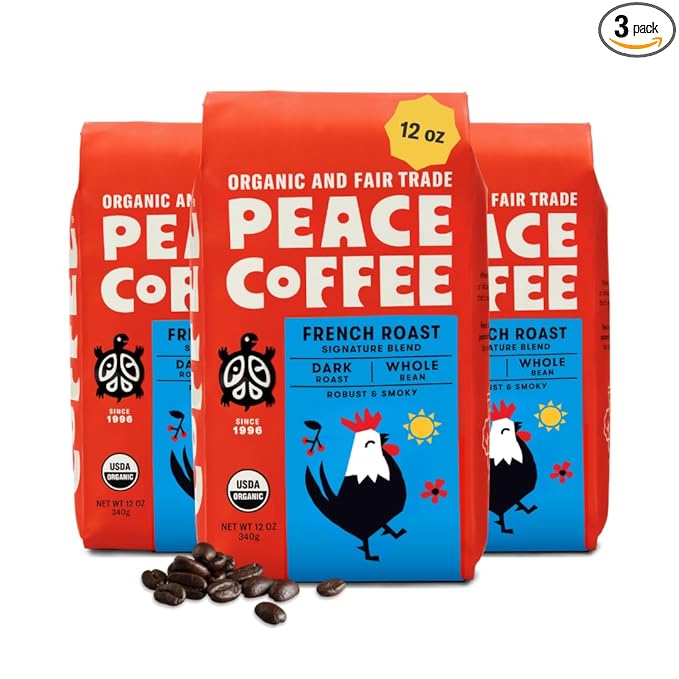Peace Coffee French Roast Whole Bean Coffee Dark Roast 12 oz Pack of 3 Organic Fair Trade Nutty Bold Flavor Shade Grown Fresh Roasted
