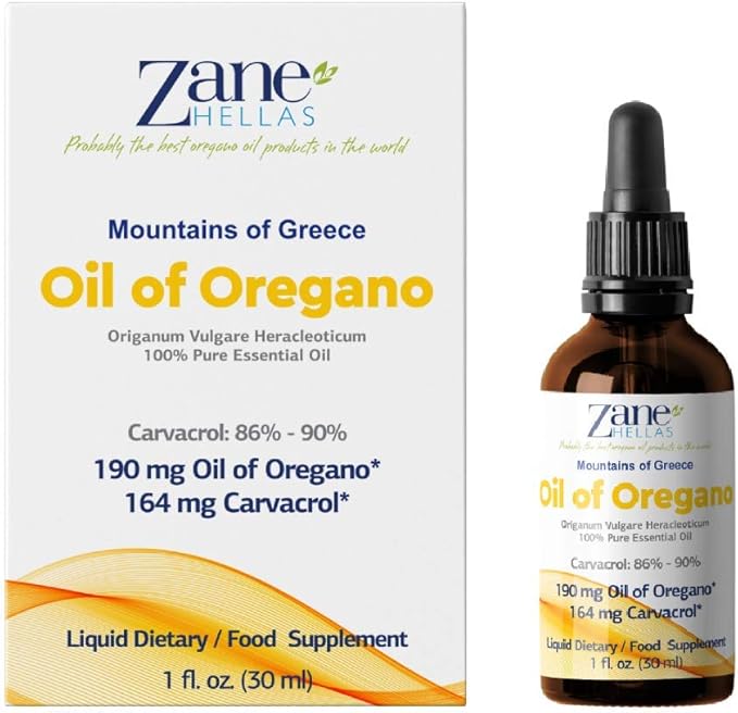 Zane Hellas 190 mg Oregano Oil-164 mg Carvacrol per Serving-4 Drops Daily. 100% Greek Undiluted Oil of Oregano. 86%-90% Min Carvacrol. Probably The Best Oregano Oil in The World. 1 fl. oz.- 30ml