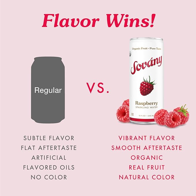 Sovány Sparkling Water Raspberry Seltzer Water Drinks USDA Organic Made With Real Fruit Non-GMO Vegan No Added Sugar Low Calorie 12 fl oz 12 Pack