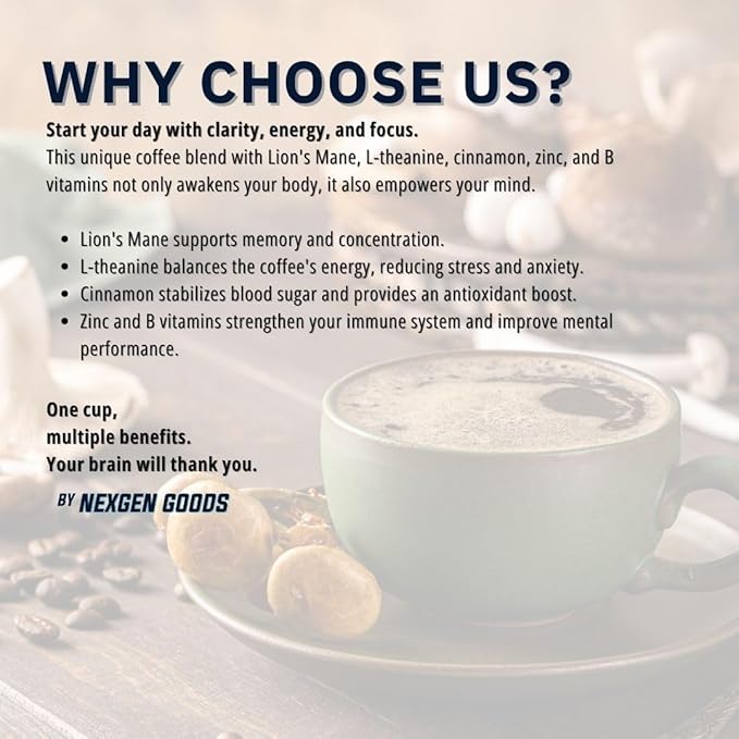 NexGen Goods Focus Coffee :Brain Boosting Nootropic Organic Mushroom Coffee with Lion’s Mane &amp Adaptogens – Premium Colombian Ground Coffee for Mental Clarity &amp All Day Energy Boost | 22 Servi