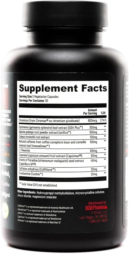 Sculpt Nation by V Shred - Daytime Metabolism Support with Chromium Symnema Leaf Extract and Alpinia Galanga Root Powder Extract - 60 Natural Veggie Pills - 3 Pack