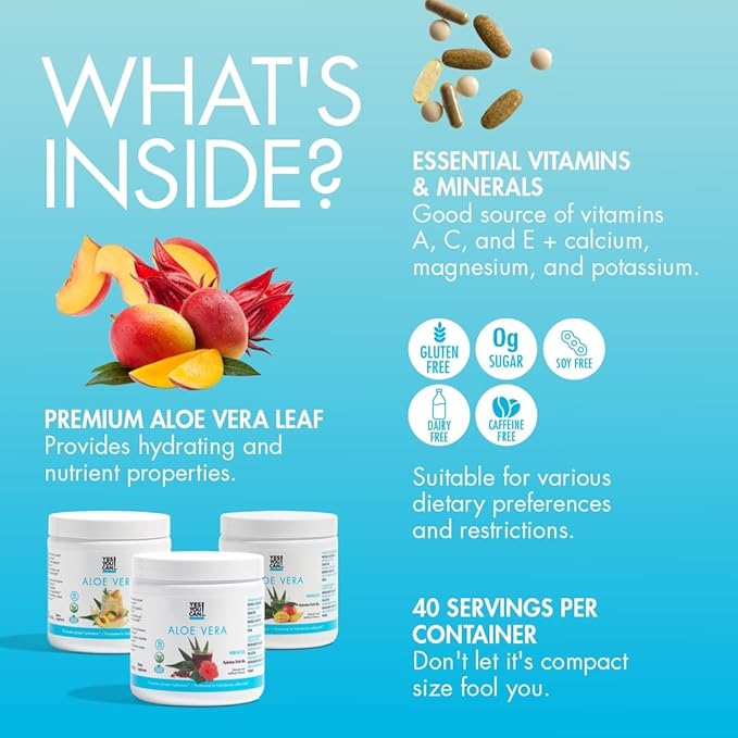 Yes You Can! Aloe Vera Powder Drink Mix - Hydration Booster Infused with Pure Organic Aloe Vera Extract - Delicious Flavors - Made in USA - Antioxidant Rich - Variety Flavor - 40 Servings Per Canister