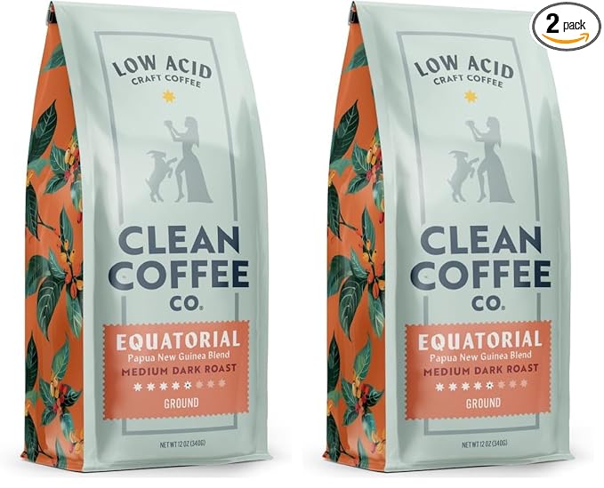 Clean Coffee Co. - Low Acid Medium-Dark Roast Tested for Molds and Toxins Papua New Guinea Blend Notes of Milk Chocolate and Roasted Almonds (Ground 12 oz Bag) (Pack of 2)