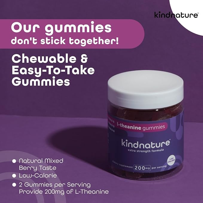 kindnature L-Theanine Gummies 200mg – Vegan Calm &amp Focus Supplement for Adults &amp Kids Ages 4+ – Mixed Berry Chewable Low Sugar Non-Drowsy*