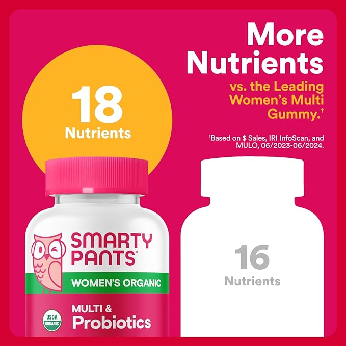 SmartyPants Organic Women's Multivitamin Gummies: Biotin Probiotics Methylfolate Omega 3 (ALA) Vitamin D3 C Vitamin B12 B6 A K &amp Zinc Inositol Gluten Free 120 Count (30 Day Supply)