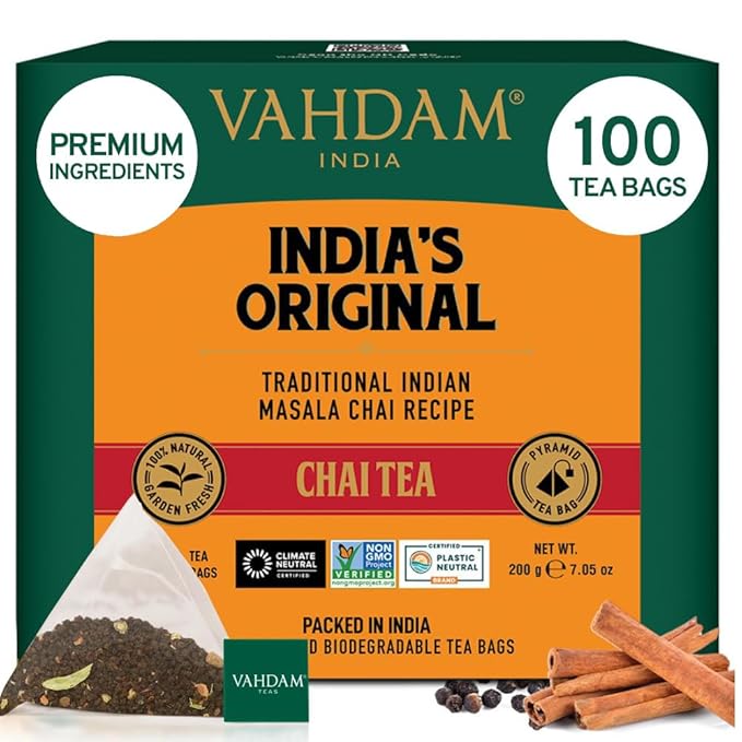 VAHDAM India's Original Masala Chai Tea Bags (100 Count) No Added Flavoring | Blended w/Exotic Spices | Whole Leaf Tea Bags | Resealable Ziplock Pouch