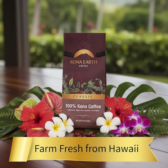KONA EARTH 100% Kona Classic Coffee Dark Roast Whole Bean (8oz) Farm-Direct Authentic Hawaiian Kona Coffee beans from Hawaii’s Big Island Micro-Batch-Roasted