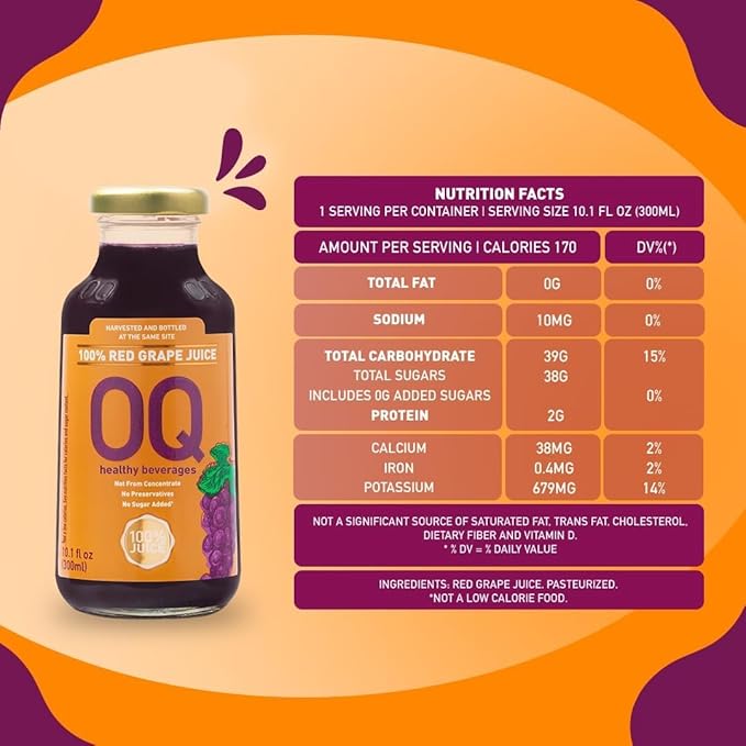 OQ Healthy Beverages Brazilian Whole Grape Juice 100% Pure | No Sugar Added | Naturally Rich Grape Flavor | 10.14 fl oz (Pack of 12)
