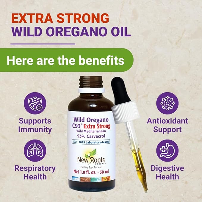 NEW ROOTS HERBAL Wild Oregano Oil Drops | Extra Strong with 93% Carvacrol (1 fl oz) | 547 Servings Highest Concentration Oil of Oregano Extract | Non GMO Vegan Gluten Free
