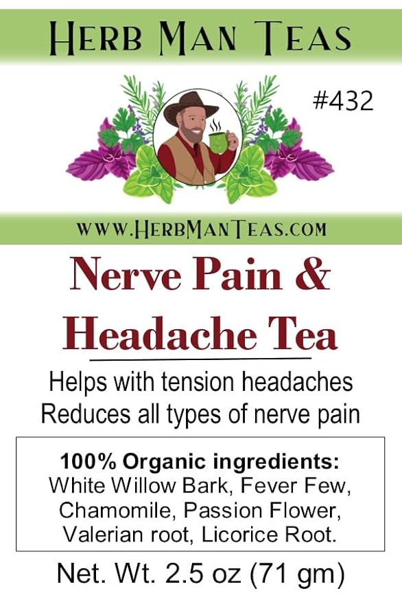 HEADACHE TEA – Nerve &amp Headache Pressure Support – Organic Loose Leaf – by Master Herbalist Khabir | White Willow Bark Feverfew &amp Chamomile | 100% Organic