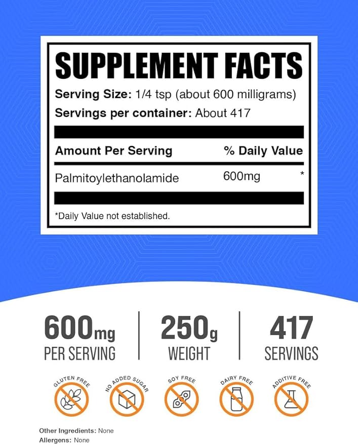 BulkSupplements.com Palmitoylethanolamide Powder - Pea Supplement Palmitoylethanolamide for Immmune Support - Gluten Free 600mg per Serving 250g (8.8 oz) (Pack of 1)