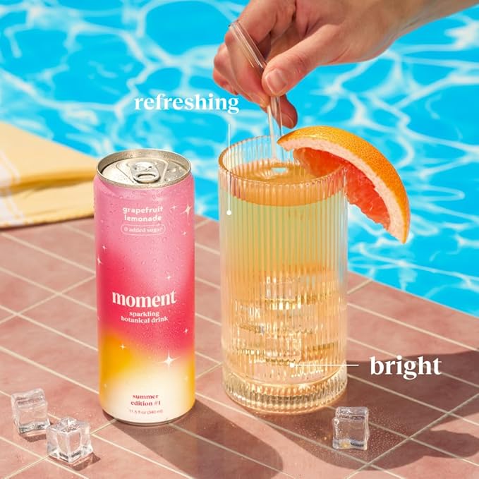 Moment Botanical Soda Soft Drink (Shark Tank) - SPARKLING Non Alcoholic Drinks | L-Theanine &amp Ashwagandha for Calm &amp Clarity | 0 Added Sugar 0 Caffeine | Grapefruit Lemonade |12-pack