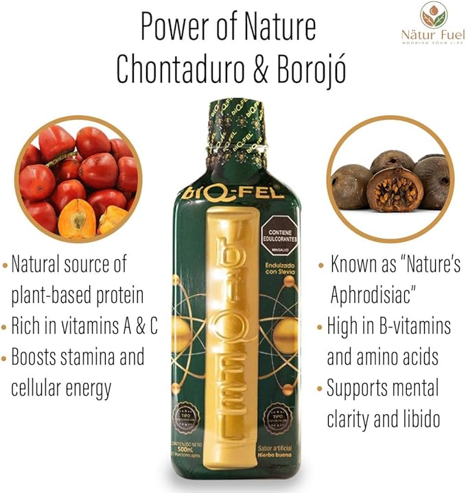 BIQ-FEL Natural Supplement - Chontaduro Guarana and Borojó Blend | 500ml | Daily Plant-Based Energy Support