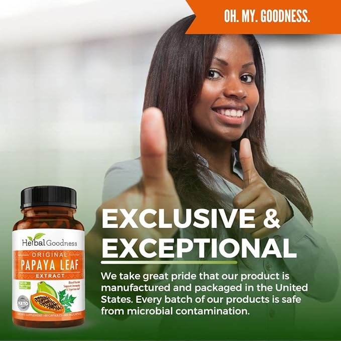 Herbal Goodness Papaya Leaf Extract Digestive Enzymes - 10X Strength 60/600mg Veg Capsules- Blood Platelet Bone Marrow &amp Spleen Support Immune Gut &amp Super Digestive Health - Made in USA