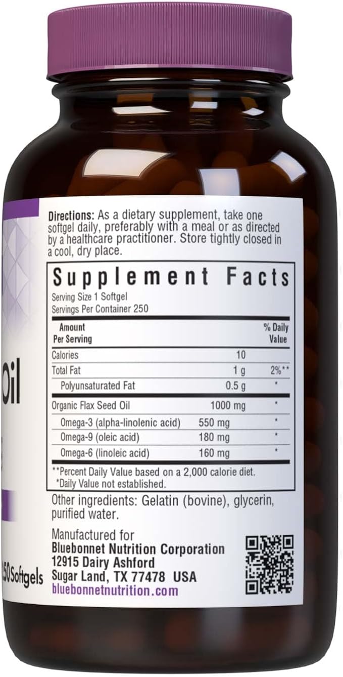 BlueBonnet Flax Seed Oil 1000 mg - Omega 3 6 9 Fatty Acids Heart Health &amp Skin Support for Women &amp Men - Cold-Pressed Organic Flaxseed Oil Capsules - Non-GMO Gluten-Free Soy-Free - 250 Soft