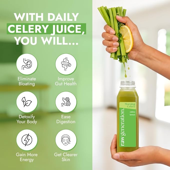 Raw Generation 100% Raw Celery Juice – Improves Acid Reflux and Gut Health | Single Ingredient | Never From Concentrate (18 Bottles)