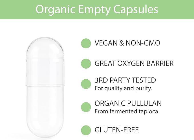 KOYAH - Certified Organic Empty Pullulan Capsules: Size 00 Vegan Gluten-Free Non-GMO Allergen Free – Ideal for DIY Supplements (500 Count)