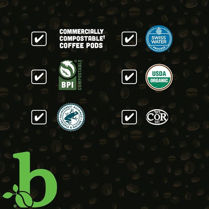 beaniac Organic Downtime Decaf Swiss Water Decaffeinated Medium Roast Single Serve Compostable K Cup Coffee Pods Organic Arabica Coffee Keurig Brewer Compatible 30 Count