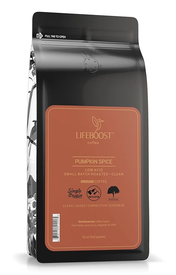Lifeboost Pumpkin Spice Coffee Ground – Organic Low Acid Non-GMO Single Origin Medium Roast – Mycotoxin-Free Cozy Flavored Fall Coffee 12 oz