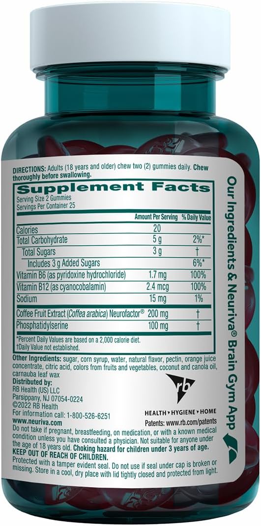 NEURIVA Plus Brain Supplement for Memory Focus &amp Concentration + Cognitive Function with Nootropics Phosphatidylserine and Neurofactor VIT B6 &amp B12 Strawberry Flavor 50 Gummies (3 Pack)