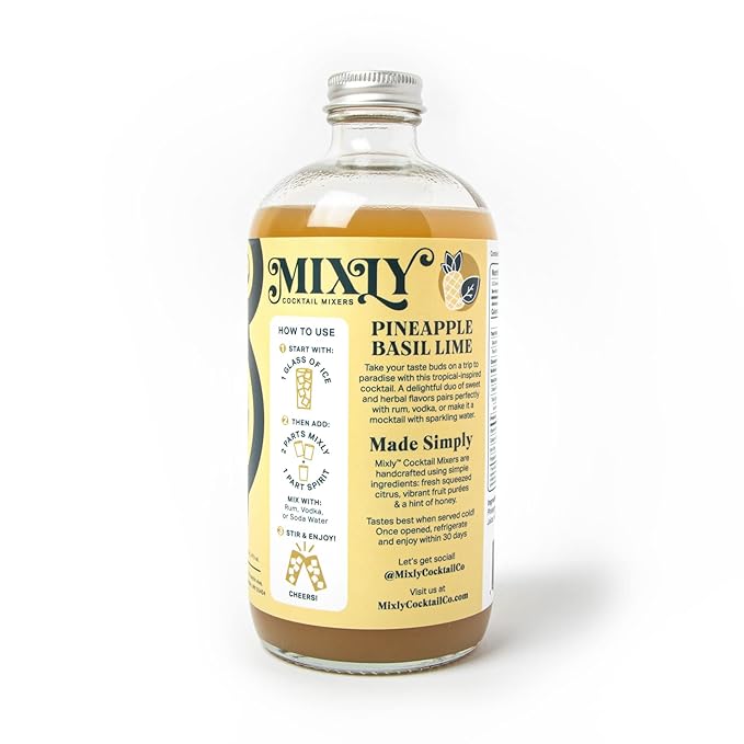 Mixly Pineapple Basil Lime Mixer Made with Fresh Squeezed Juice Ready to Drink Use with Vodka Rum Soda Water 16 oz.