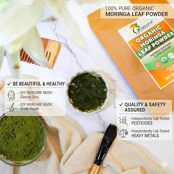 Grenera Organic Moringa Powder - 2.2 lbs (35.2 oz) | Moringa Oleifera Leaf Powder Lab Tested for Purity | Moringa Powder Organic Perfect for Smoothies Drinks Tea &amp Recipes | 100% Raw from India