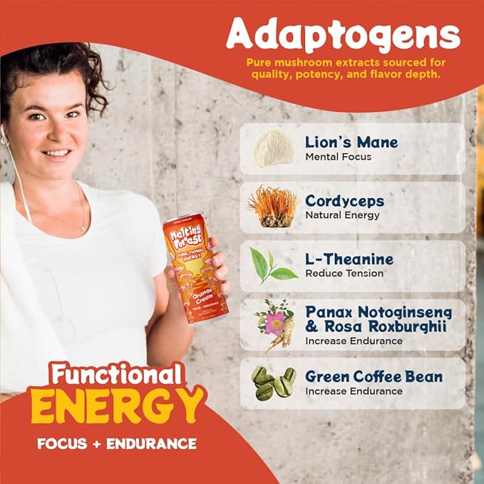 Melting Forest Mushroom Energy Drink L-Theanine Cordyceps &amp Lion's Mane 150mg of Caffeine Energy &amp Focus Cognitive Function &amp Mental Clarity Orange Cream (12 Pack)